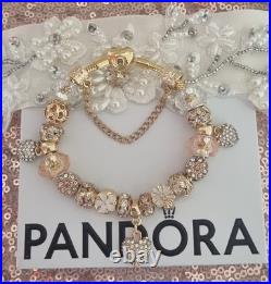 Genuine Pandora Bracelet Gold Pave Heart Clasp+ Gold Charms 20 cm + Pandora Box