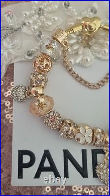 Genuine Pandora Bracelet Gold Pave Heart Clasp+ Gold Charms 20 cm + Pandora Box