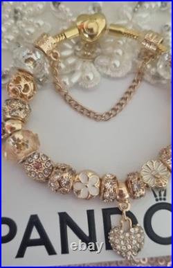 Genuine Pandora Bracelet Gold Pave Heart Clasp+ Gold Charms 20 cm + Pandora Box