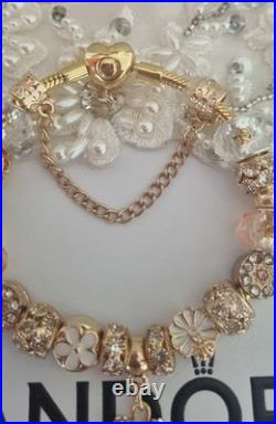 Genuine Pandora Bracelet Gold Pave Heart Clasp+ Gold Charms 20 cm + Pandora Box