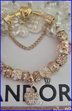 Genuine Pandora Bracelet Gold Pave Heart Clasp+ Gold Charms 20 cm + Pandora Box