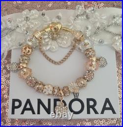 Genuine Pandora Bracelet Gold Pave Heart Clasp+ Gold Charms 20 cm + Pandora Box