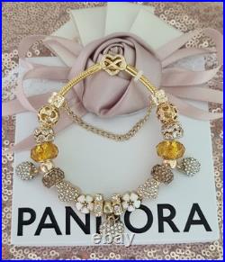 Genuine Pandora Bracelet Gold Pave Heart + Gold Charms 20 cm + Pandora Box Genuine Pandora Bracelet Gold Pave Heart + Gold Charms 20 cm + Pandora Box