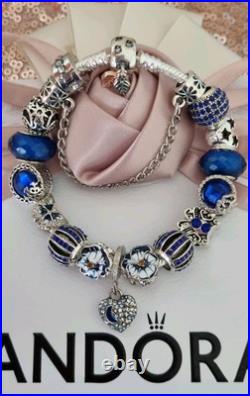 Genuine Pandora Bracelet Leaf Clasp & Silver/Blue Charms 19 cm+ Pandora Box