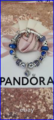 Genuine Pandora Bracelet Leaf Clasp & Silver/Blue Charms 19 cm+ Pandora Box