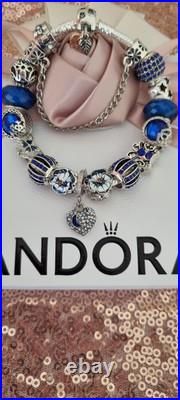 Genuine Pandora Bracelet Leaf Clasp & Silver/Blue Charms 19 cm+ Pandora Box