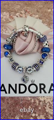 Genuine Pandora Bracelet Leaf Clasp & Silver/Blue Charms 19 cm+ Pandora Box