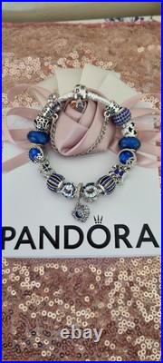 Genuine Pandora Bracelet Leaf Clasp & Silver/Blue Charms 19 cm+ Pandora Box
