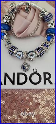 Genuine Pandora Bracelet Leaf Clasp & Silver/Blue Charms 19 cm+ Pandora Box