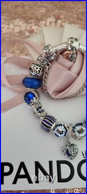 Genuine Pandora Bracelet Leaf Clasp & Silver/Blue Charms 19 cm+ Pandora Box