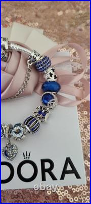 Genuine Pandora Bracelet Leaf Clasp & Silver/Blue Charms 19 cm+ Pandora Box