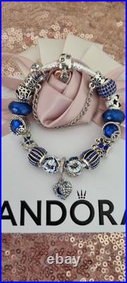 Genuine Pandora Bracelet Leaf Clasp & Silver/Blue Charms 19 cm+ Pandora Box