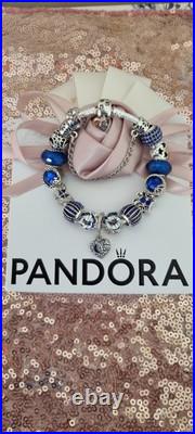 Genuine Pandora Bracelet Leaf Clasp & Silver/Blue Charms 19 cm+ Pandora Box