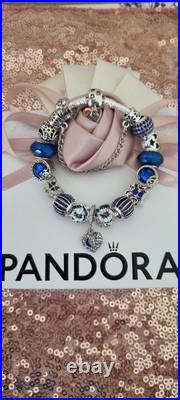 Genuine Pandora Bracelet Leaf Clasp & Silver/Blue Charms 19 cm+ Pandora Box