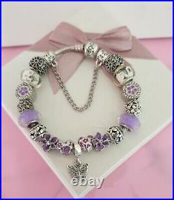 Genuine Pandora Bracelet + Purple & Silver Charms S925 ALE 21 cm+ Pandora Box