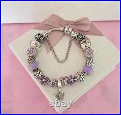 Genuine Pandora Bracelet + Purple & Silver Charms S925 ALE 21 cm+ Pandora Box