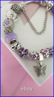 Genuine Pandora Bracelet + Purple & Silver Charms S925 ALE 21 cm+ Pandora Box