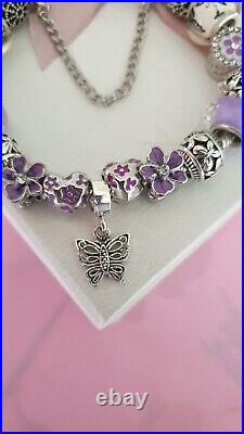 Genuine Pandora Bracelet + Purple & Silver Charms S925 ALE 21 cm+ Pandora Box