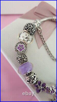 Genuine Pandora Bracelet + Purple & Silver Charms S925 ALE 21 cm+ Pandora Box