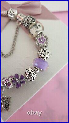 Genuine Pandora Bracelet + Purple & Silver Charms S925 ALE 21 cm+ Pandora Box