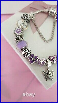 Genuine Pandora Bracelet + Purple & Silver Charms S925 ALE 21 cm+ Pandora Box