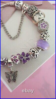 Genuine Pandora Bracelet + Purple & Silver Charms S925 ALE 21 cm+ Pandora Box