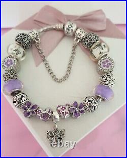 Genuine Pandora Bracelet + Purple & Silver Charms S925 ALE 21 cm+ Pandora Box