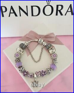 Genuine Pandora Bracelet + Purple & Silver Charms S925 ALE 21 cm+ Pandora Box