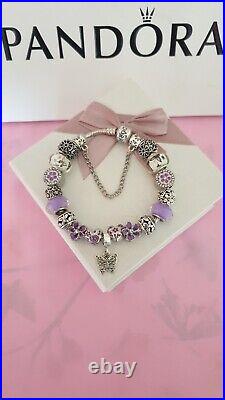 Genuine Pandora Bracelet + Purple & Silver Charms S925 ALE 21 cm+ Pandora Box