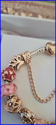 Genuine Pandora Bracelet+Rose Gold Heart Clasp+Rose Gold charms 19 cms + Box