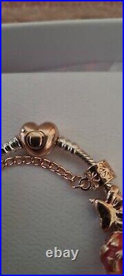 Genuine Pandora Bracelet+Rose Gold Heart Clasp+Rose Gold charms 19 cms + Box