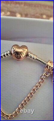 Genuine Pandora Bracelet+Rose Gold Heart Clasp+Rose Gold charms 19 cms + Box