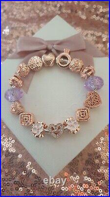 Genuine Pandora Bracelet + Rose gold Heart Clasp & Rose Gold Charms 19 cm + Box