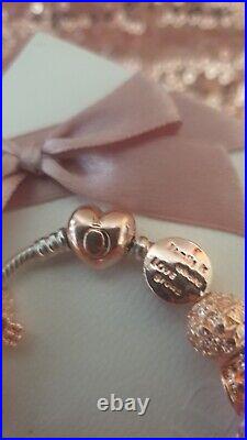 Genuine Pandora Bracelet + Rose gold Heart Clasp & Rose Gold Charms 19 cm + Box