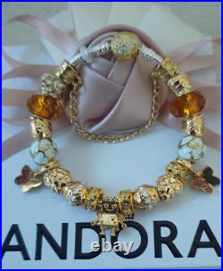 Genuine Pandora Bracelet Silver With Gold Clasp+ Gold Charms ALE MET 19 cm + Box Genuine Pandora Bracelet Silver With Gold Clasp+ Gold Charms ALE MET 19 cm + Box