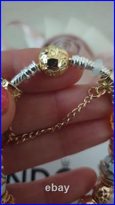 Genuine Pandora Bracelet Silver With Gold Clasp+ Gold Charms ALE MET 19 cm + Box Genuine Pandora Bracelet Silver With Gold Clasp+ Gold Charms ALE MET 19 cm + Box