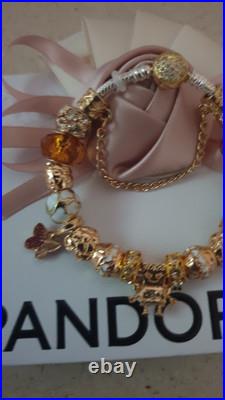 Genuine Pandora Bracelet Silver With Gold Clasp+ Gold Charms ALE MET 19 cm + Box Genuine Pandora Bracelet Silver With Gold Clasp+ Gold Charms ALE MET 19 cm + Box