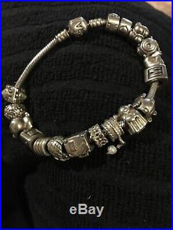 Genuine Pandora Bracelet With 15 Charms & 2 Spacers Silver