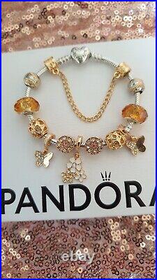 Genuine Pandora Bracelet With heart Clasp With Gold Charms 19 cm + Box