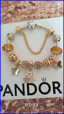 Genuine Pandora Bracelet With heart Clasp With Gold Charms 19 cm + Box