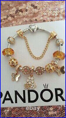 Genuine Pandora Bracelet With heart Clasp With Gold Charms 19 cm + Box