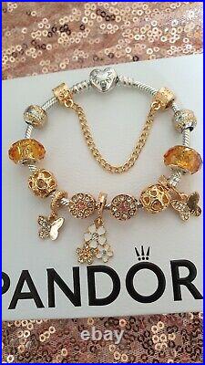 Genuine Pandora Bracelet With heart Clasp With Gold Charms 19 cm + Box