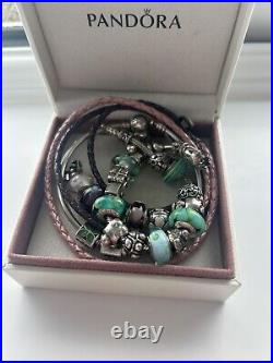 Genuine Pandora Bracelet X 4 Murano Vintage 24 Charms Leather Teal Silver Ale