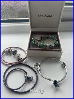 Genuine Pandora Bracelet X 4 Murano Vintage 24 Charms Leather Teal Silver Ale