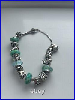 Genuine Pandora Bracelet X 4 Murano Vintage 24 Charms Leather Teal Silver Ale