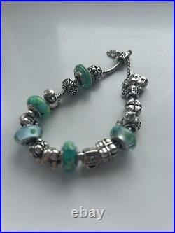 Genuine Pandora Bracelet X 4 Murano Vintage 24 Charms Leather Teal Silver Ale