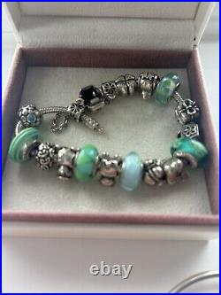 Genuine Pandora Bracelet X 4 Murano Vintage 24 Charms Leather Teal Silver Ale