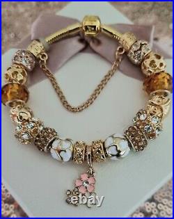 Genuine Pandora Bracelet in Gold with Pandora Clasp & Gold Charms 20 cm & Box