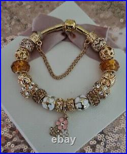 Genuine Pandora Bracelet in Gold with Pandora Clasp & Gold Charms 20 cm & Box