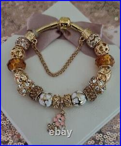 Genuine Pandora Bracelet in Gold with Pandora Clasp & Gold Charms 20 cm & Box